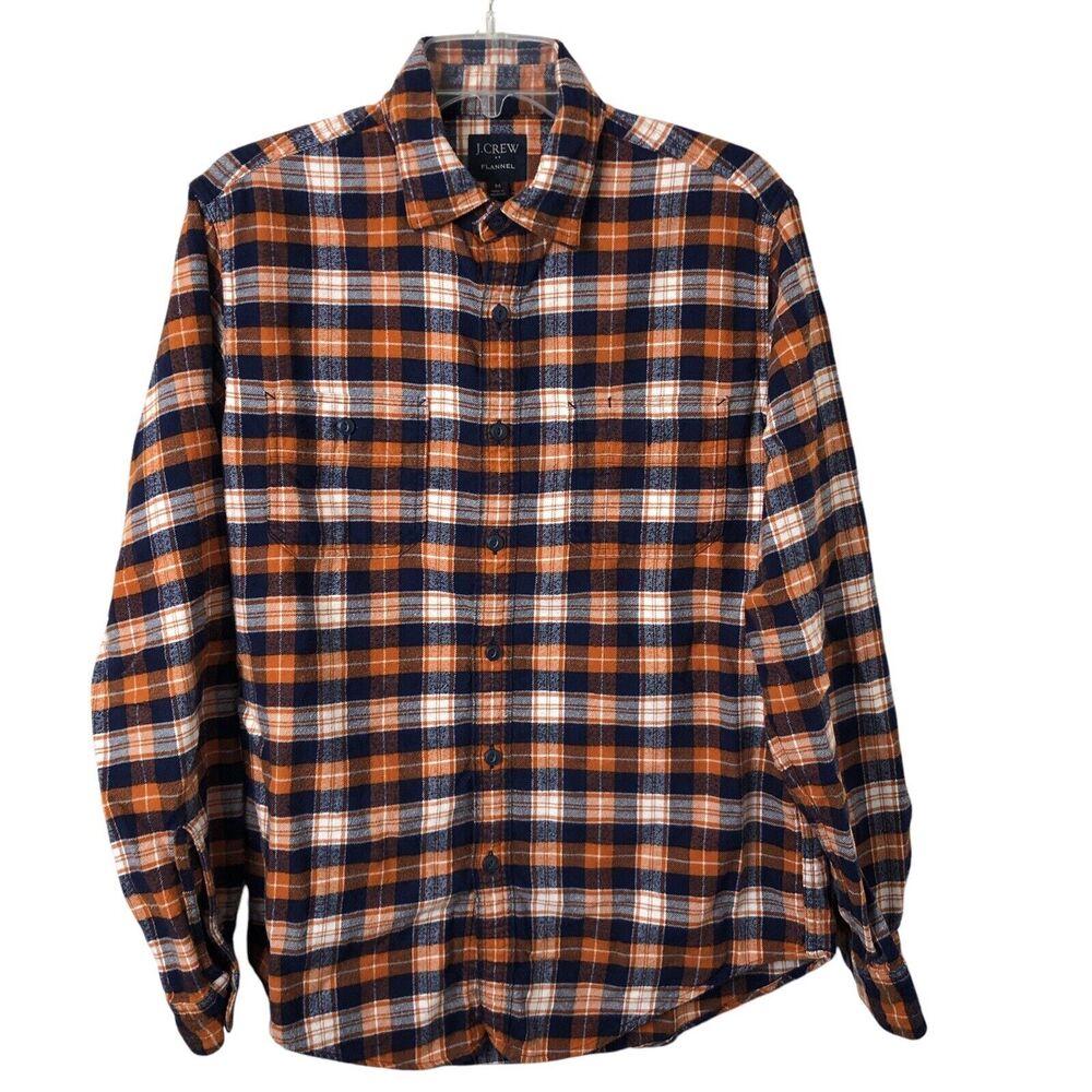 J. Crew Factory Men's Orange Blue Plaid Long Sleeve Flannel Shirt Size Medium